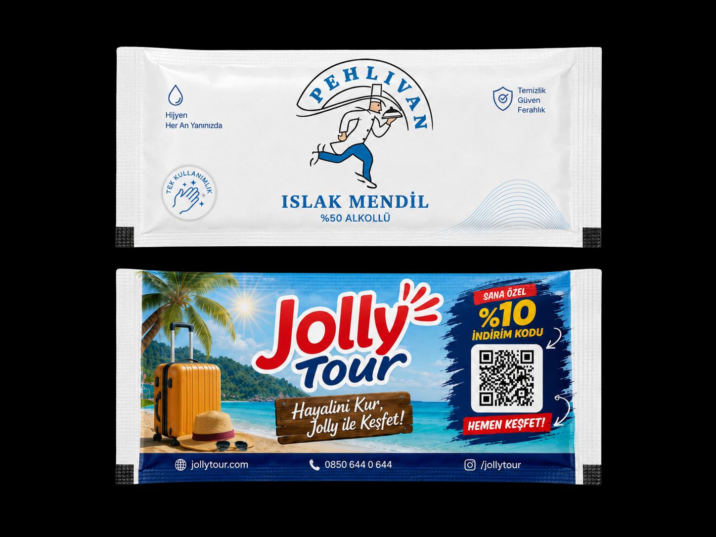 Pehlivan Lokantaları × Jolly Tour — ıslak mendil ön/arka yüz örneği